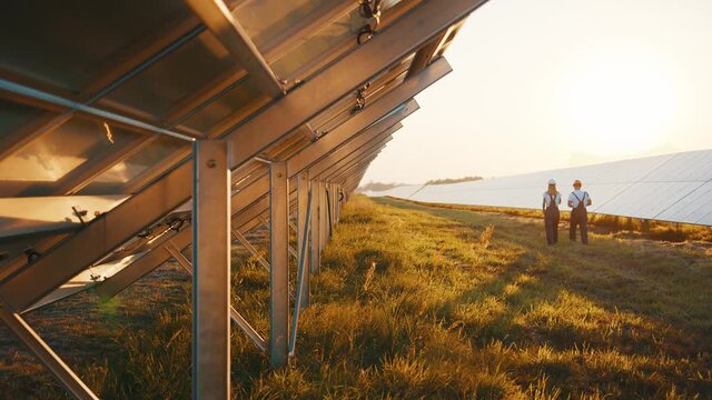 Solar farm. View behind the racks of working solar batteries. In background two engineers inspecting solar cells with electronic tablet. Clean energy and electricity.
