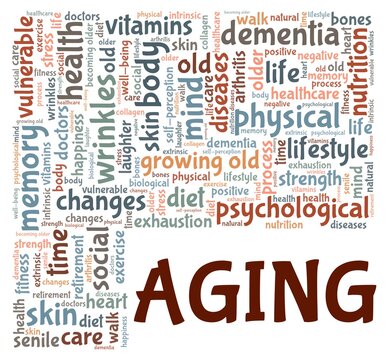 Aging vector illustration word cloud isolated on a white background.