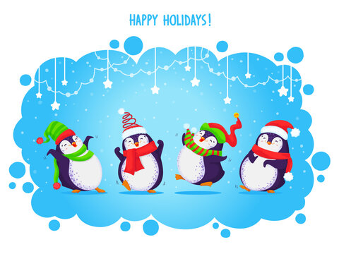 Vector holiday Christmas greeting card with four cartoon penguins. Different clothing and santa hats, various poses.