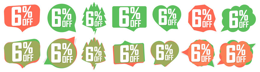 Set Sale 6% off banners, discount tags design template, promo app icons, vector illustration