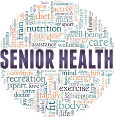 Senior health vector illustration word cloud isolated on a white background.