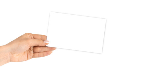 Hand holding blank business card. Hand holding blank business paper card isolated on white...