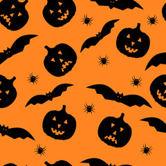 Halloween seamless pattern with cute cartoon pumpkins and bats. Easy to edit vector template for greeting card, banner, poster, party invitation, fabric, textile, wrapping paper, etc.