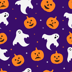 Halloween seamless pattern with cute cartoon pumpkins   and ghosts on purple background. Vector template for greeting card, banner, poster, party invitation, fabric, textile, wrapping paper, etc