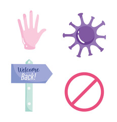 reopening, welcome back placard hand stop coronavirus covid 19 icons