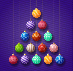 Christmas and new year greeting card. Creative Xmas tree made by shiny colorful balls on purple background for Christmas and New Year celebration.