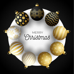 Luxury Christmas sale square banner. Christmas card with ornate black, gold and white realistic balls on white circle and black modern background. Vector illustration. Place for your text