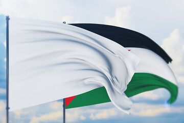 White flag on flagpole waving in the wind and flag of Sahrawi Arab Democratic Republic. Closeup view, 3D illustration.