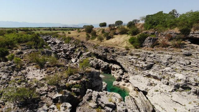 Aerial shot dry waterfall Vodopad Niagara, Montenegro. Aerial shot dry river of the Cijevna.