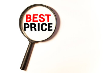 Hand holding magnifying glass with word best price concept.