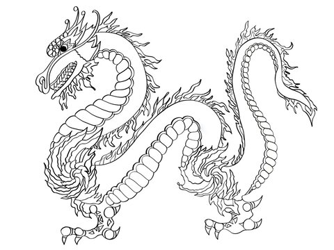drawing of chinese black dragon on white background for coloring book