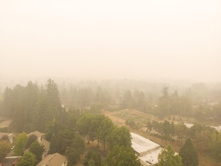 Smoke from a burning forest in a town, burning forests in Oregon, Washington and California. The danger
