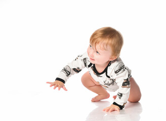 Caucasian baby child crawling isolated on white
