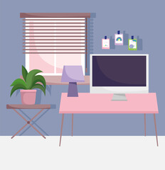 home office workplace computer on desk with lamp plant and stickers in wall