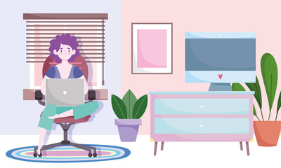 home office workspace, woman using laptop sitting on chair, room computer table plants and window
