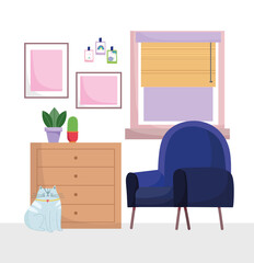 home office workplace armchair drawers with potted plants window and cat