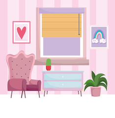 home workplace chair drawer potted plants picture in wall and window