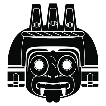 Aztec mask of god of rain Tlaloc. Pre-Columbian Native American Mexican art. Black and white silhouette.