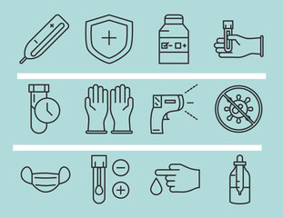 coronavirus covid 19 diagnostics research, medical equipment test sample and results, line design pack icons