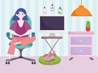home office workspace, young woman sitting on chair room with computer lamp and cat
