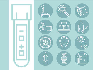 coronavirus covid 19 diagnostics research, medical equipment test sample results and prevention icons line design