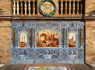 Image with a historical scene painted on ceramic tiles which represents agriculture in Andalusia - seating benches in Spain Square in Seville