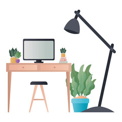 desk with computer lamp and plants vector design