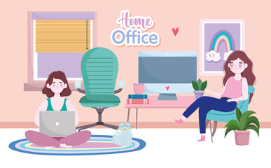 home office workspace, people in the room working with laptop computer