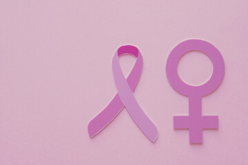 pink ribbon and woman symbol on pink background, Breast cancer awareness and October Pink day