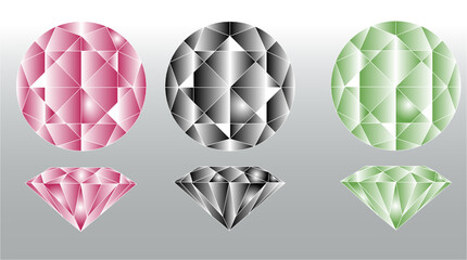 set of colorful gemstones. Diamond, ruby and emerald front and side view. Vector illustration
