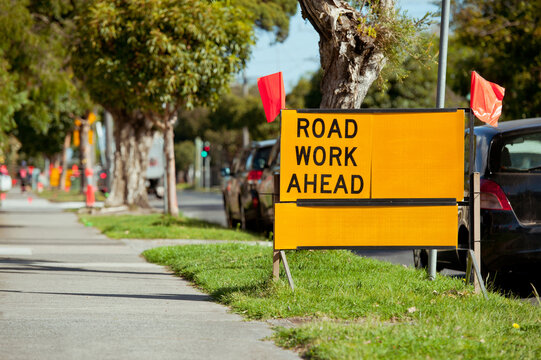 Road sign. Road work ahead. Melbourne, Victoria