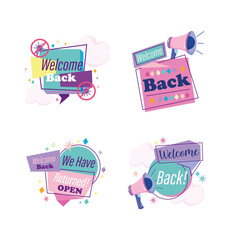 reopening, message advertising speech bubbles megaphone icons
