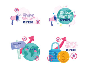 reopening, welcome back, returned open, world megaphone announce, coronavirus covid 19 icons