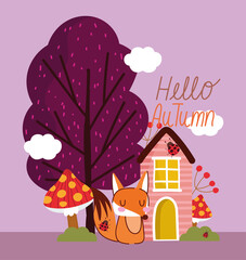 hello autumn, cartoon cute fox house mushrooms tree sky clouds