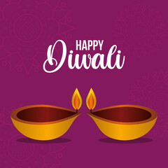 Happy diwali candles on purple with mandalas background vector design