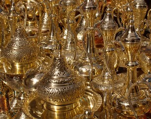 Fototapeta na wymiar Khan-el-Khalili Brass Lanterns. Full frame brass metal decorative shisha hookah in the market in Egypt. 