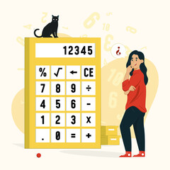 Calculator concept a woman with a big calculator illustration