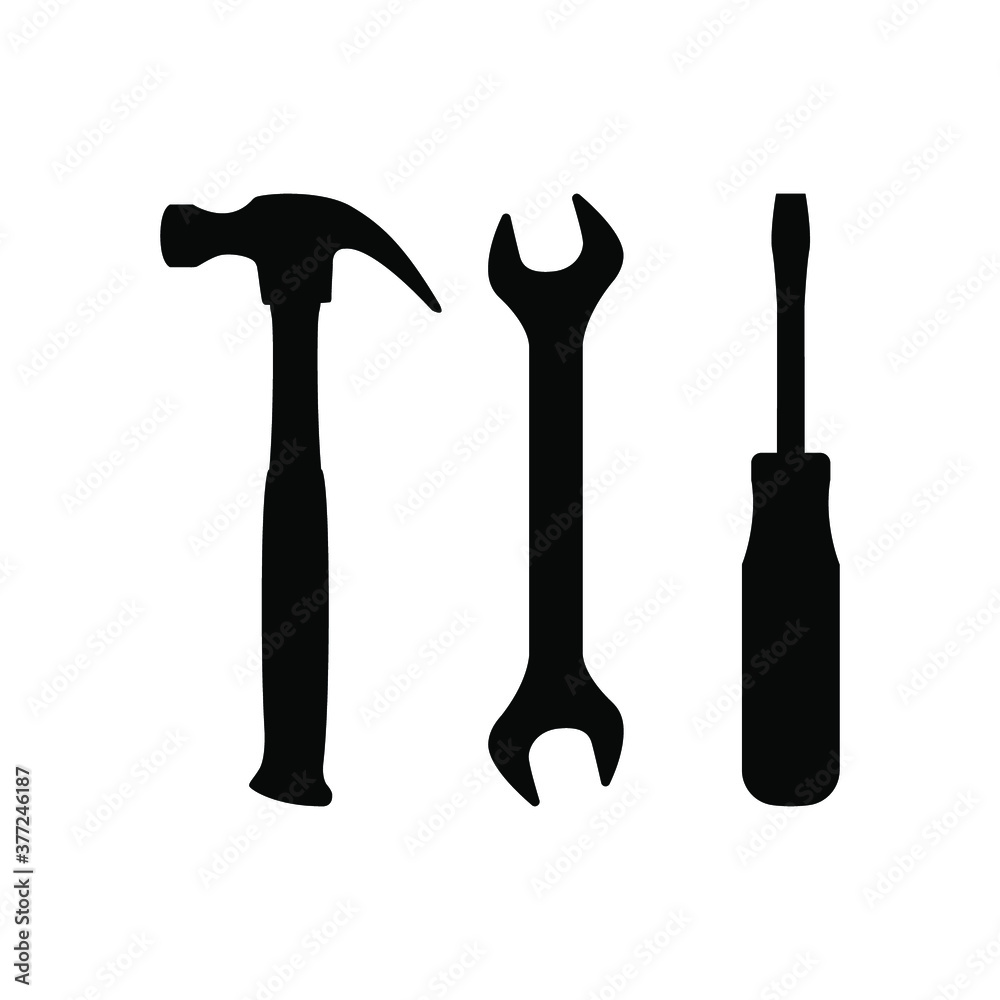 Wall mural Vector illustration icon of hammer, wrench and screwdriver, mechanical repair tools, isolated on white background.