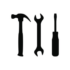 Vector illustration icon of hammer, wrench and screwdriver, mechanical repair tools, isolated on white background.