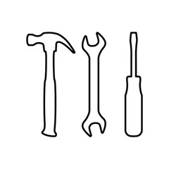 Vector illustration icon of hammer, wrench and screwdriver, mechanical repair tools, isolated on white background.