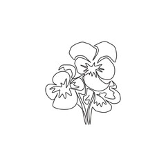 Single continuous line drawing of beauty fresh viola hybrid plant for wall art home decor poster. Printable decorative pansy flower for greeting card ornament. One line draw design vector illustration