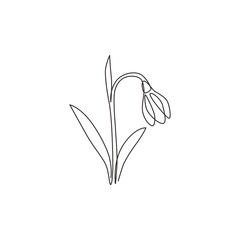 One continuous line drawing of beauty fresh galanthus for home wall decor art poster print. Printable decorative snowdrop flower concept for wedding card. Single line draw design vector illustration