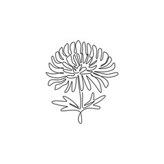One single line drawing of beauty fresh chrysanthemum for home art wall decor poster print. Printable decorative mum flower for wedding invitation card. Continuous line draw design vector illustration