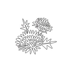 One single line drawing of beauty fresh chrysanthemum for garden logo. Printable decorative chrysanth flower concept for greeting card ornament. Modern continuous line draw design vector illustration