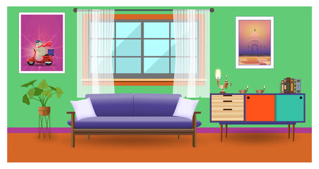 Living room interior with india furniture style and Oil Lamps (Diya) for Diwali celebration. Vector illustration.