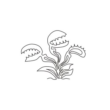One continuous line drawing of beauty fresh venus flytrap for home decor wall art poster print. Decorative dionaea muscipula plant for monster creature. Single line draw design vector illustration