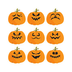 collection of pumpkins with scary faces. Autumn holidays. Halloween Pumpkins. Vector illustration EPS10.