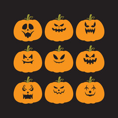 collection of flat pumpkins with scary faces. Autumn holidays. Halloween Pumpkins. Vector illustration EPS10.