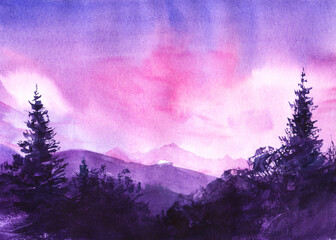 Watercolor romantic autumn landscape in lilac and violet tones. Dawn sky with fluffy clouds, ranges of misty mountains stretching to horizon and dark silhouettes of coniferous forest in foreground - 377248195