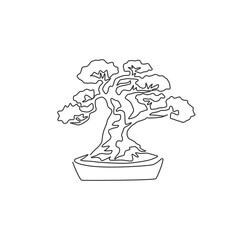 One continuous line drawing of old beauty and exotic miniature bonsai tree. Decorative banyan plant concept for agriculture exhibition logo. Trendy single line draw design vector graphic illustration